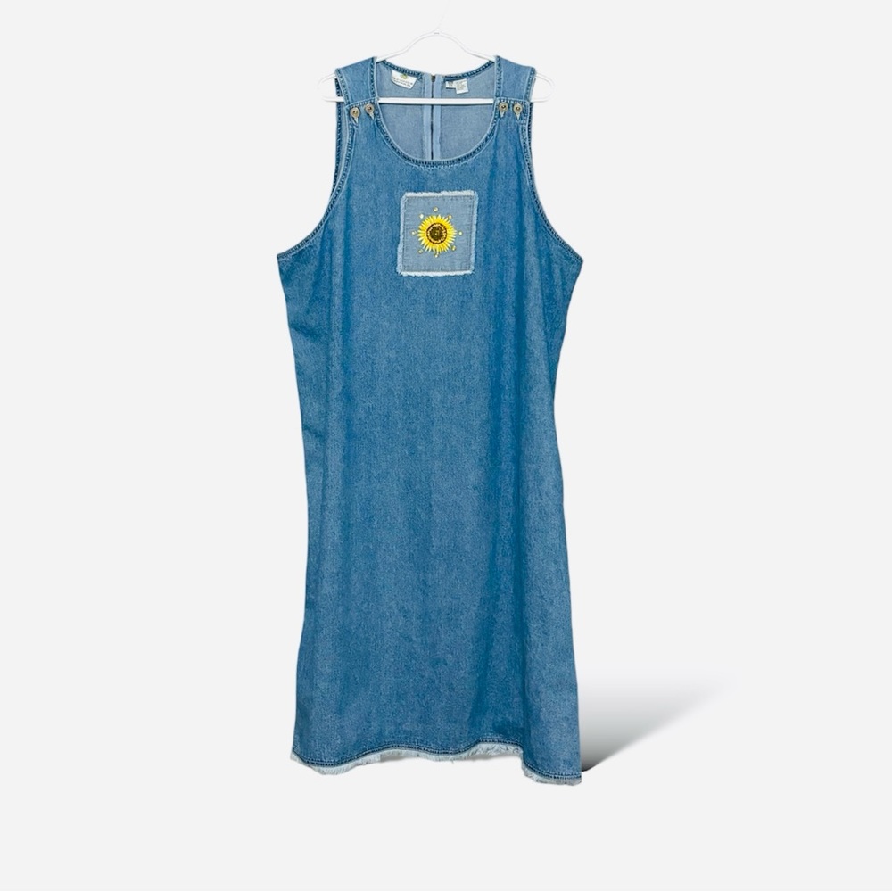 Vintage Blue Denim Dress with Sunflower Patch